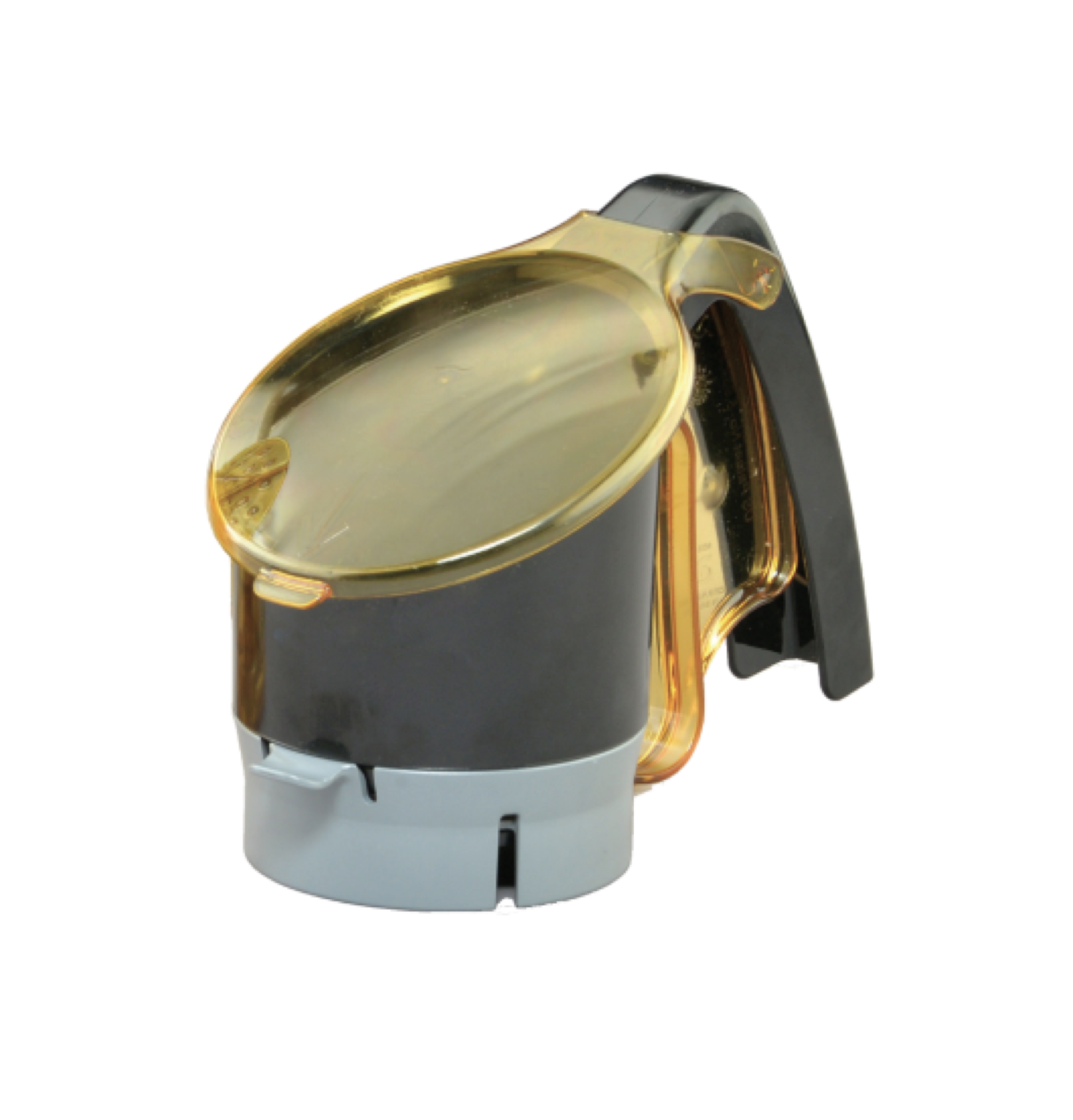 dispensador de plástico preto com tampa de plástico âmbar e punho com alavanca