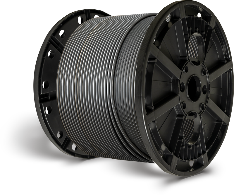 carretel preto grande com bobina cinza enrolada ao redor